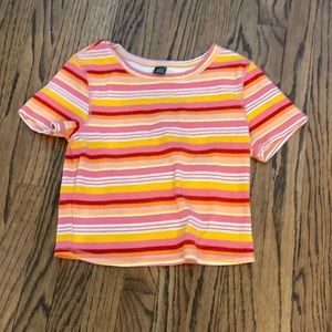 bright pink, red, orange, and yellow cropped tee from target, size m
